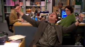 Dwight shouts to the heavens as Jim dismantles Megadesk.