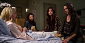 Hanna, Emily, Aria, and Spencer discuss the possibility of "A" being more than one person.